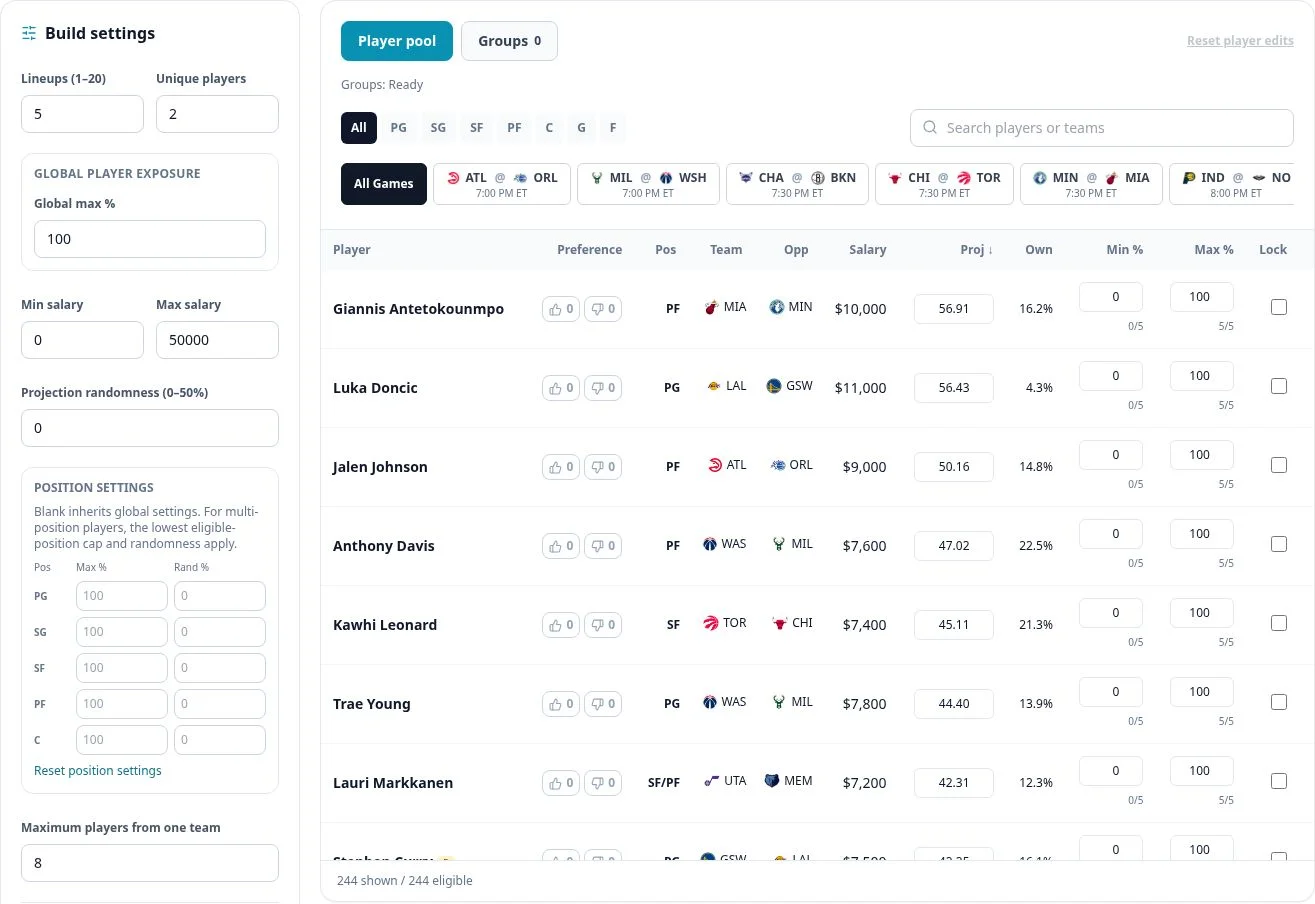 NBA Optimizer player rows with thumb preferences, editable projections, ownership, minimum and maximum exposure and lock controls